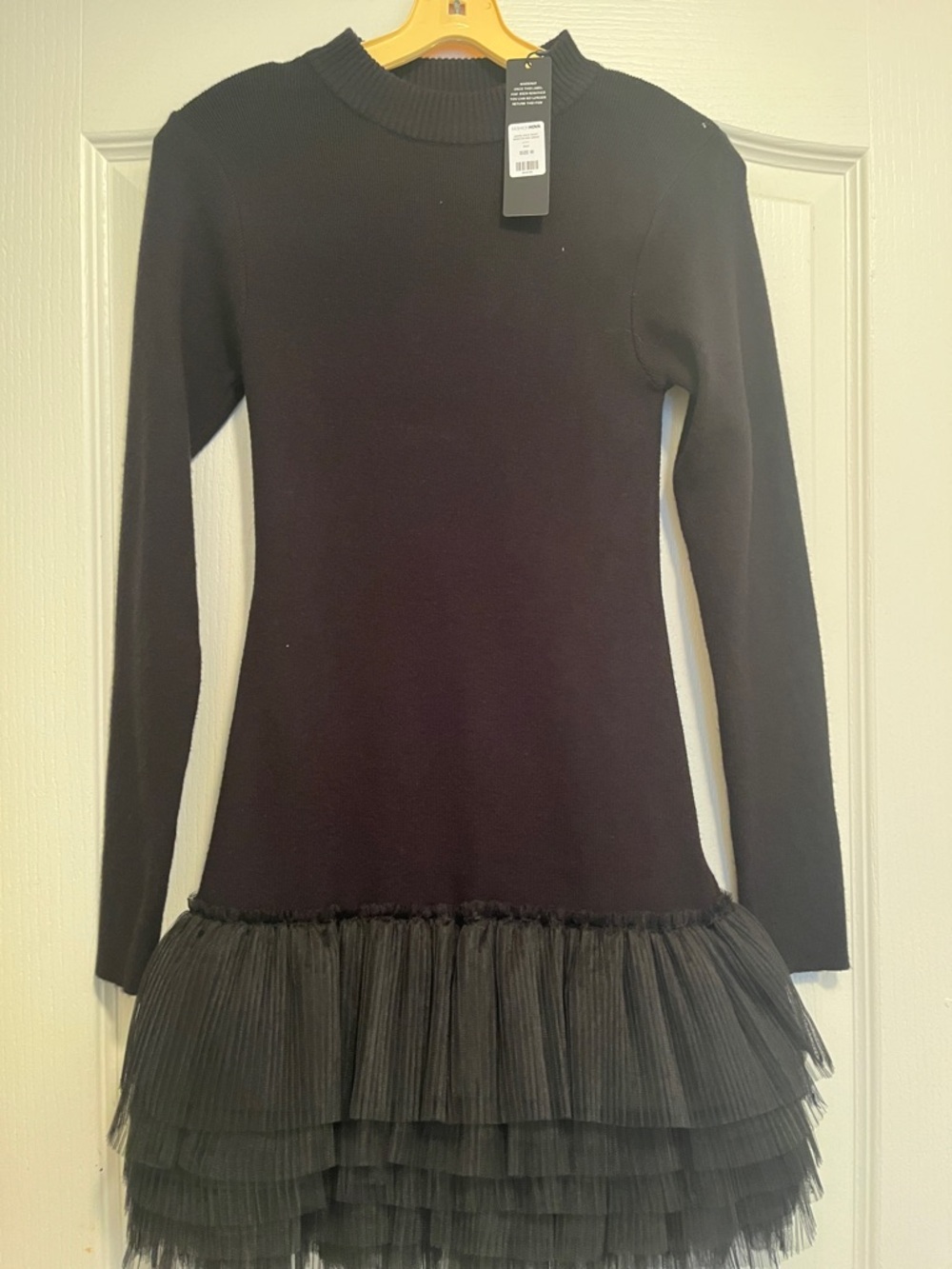 Fashion Nova Black Long-Sleeve Knit Mini Dress with Tiered Tulle Skirt